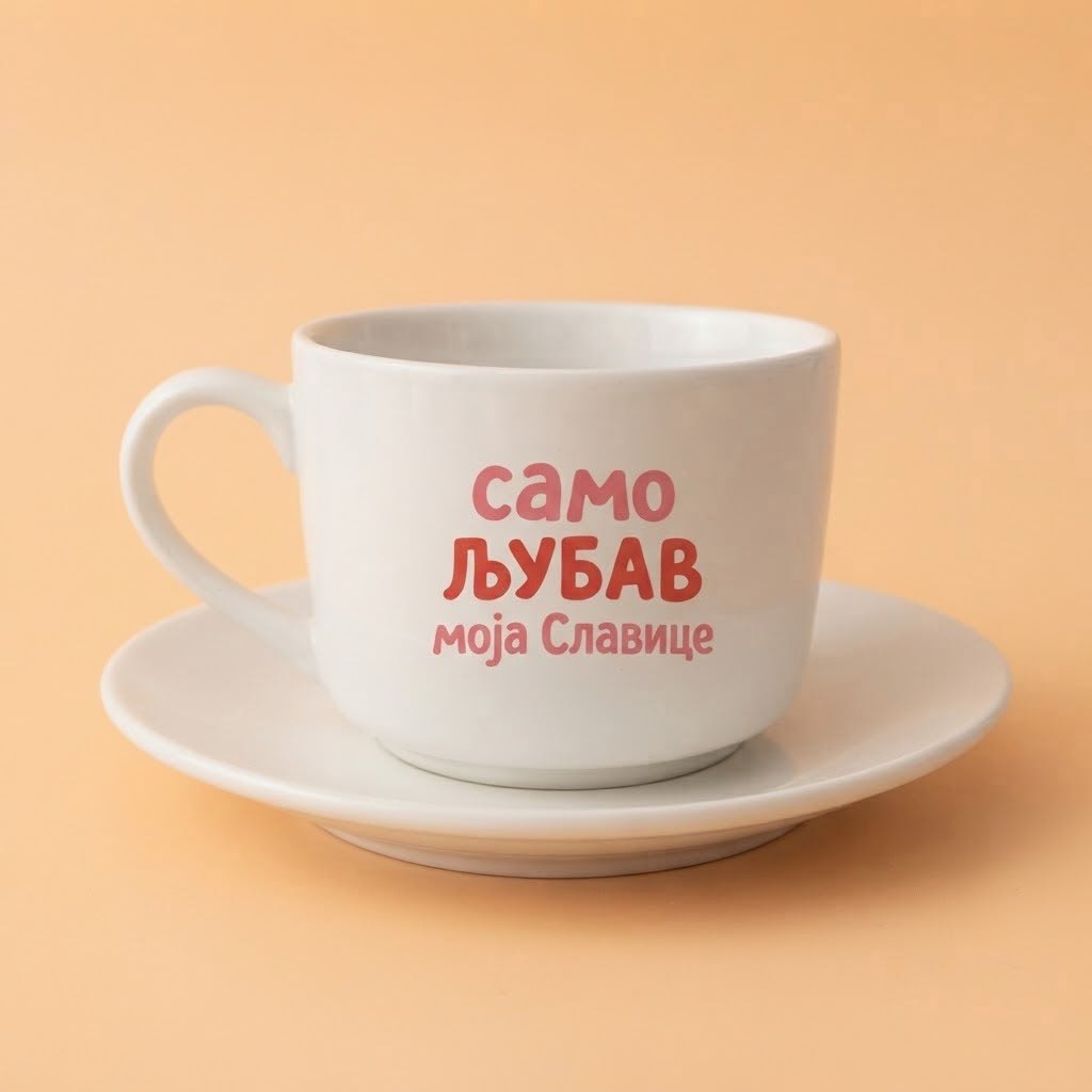 Bela šoljica sa natpisom Samo ljubav moja Slavice